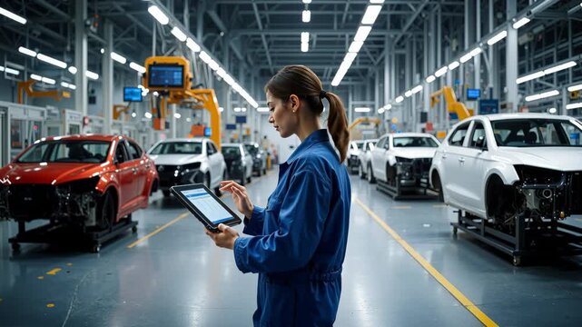 Production line technician inspecting car assembly data on digital tablet in modern automotive factory. Camera panning horizontally across the industrial setting. - Powered by Adobe