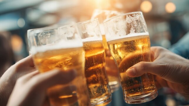 Cheers Celebration: Friends Toasting with Golden Beer in Glassware at a Social Gathering with Sunflare