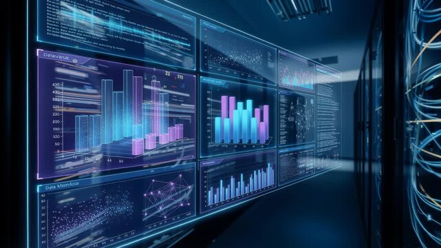 Advanced data visualization on transparent screens in a server room. Real-time analytics and big data processing for technological infrastructure. Camera panning horizontally. - Powered by Adobe