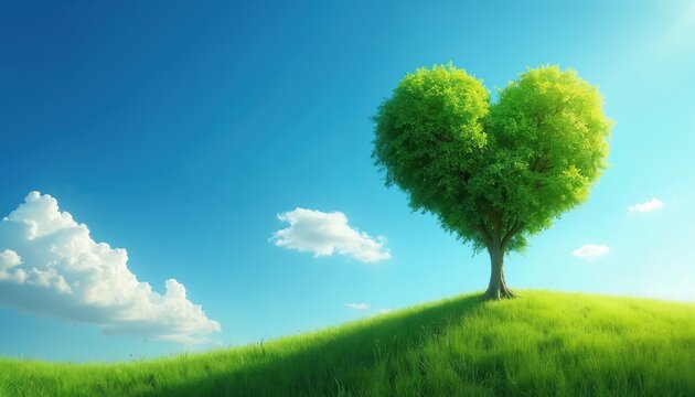 Illustration of green tree shaped as heart on green grass hill. Blue sky with white clouds background. Symbol of nature love and eco-friendly environment. Concept for ecology or Earth day. - Powered by Adobe