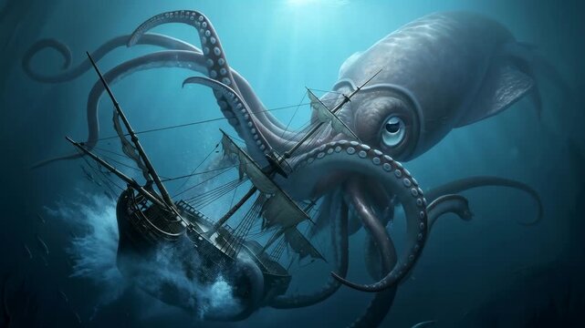 Giant kraken squid destroying a pirate ship deep underwater, a sea adventure concept animation