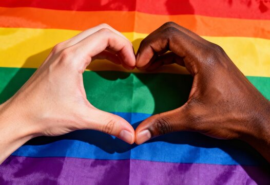 Two hands forming a heart shape against a rainbow pride flag. The image symbolizes love, unity and LGBTQ+ acceptance. - Powered by Adobe
