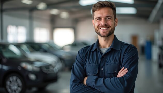 Confident auto mechanic smiles at camera in car service center. Man in uniform stands with arms crossed. Professional worker poses in a garage offering vehicle repair and maintenance.