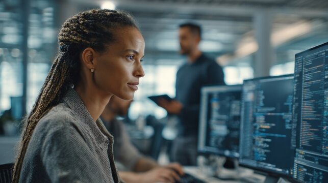 Focused Software Engineer Working with Code on Multiple Computer Screens in Modern Office - Powered by Adobe