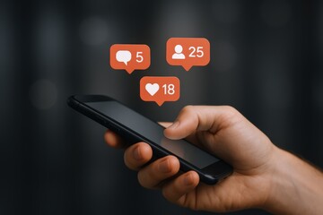 Social Media Engagement Concept: Hand Holding Smartphone with Notifications for Likes, Comments, and Followers