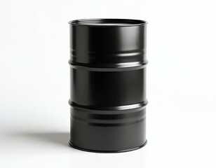 Black metal barrel stands on white background. This industrial container holds liquid fuel. It is used for storage and transport. Shiny steel drum is empty.