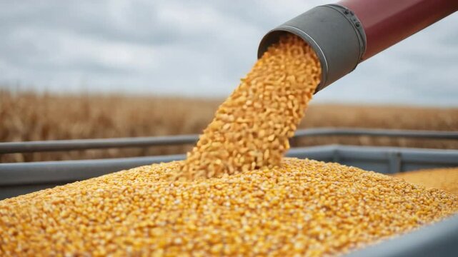 Close-Up of Golden Corn Kernels Being Harvested from a Grain Bin Under Bright Blue Sky on a Sunny Day 4k video footage