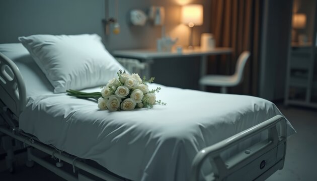 Empty hospital bed with white roses and plants. Soft light illuminates clean sheets and pillow. Table and chair are visible in background, suggesting quiet, sterile environment for healing or rest.