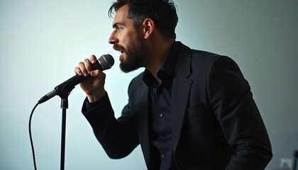 Bearded man in black suit sings loudly into microphone. Male artist performs song with passion and energy in indoor studio setting. Professional vocal sound.