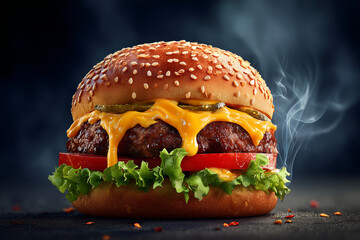 Hot and Juicy Burger with Visible Steam — Freshly Cooked and Mouthwatering