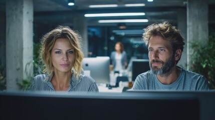 Dedicated Professionals Collaborating in a Modern Office Environment, Focusing on Computer Screen, working late