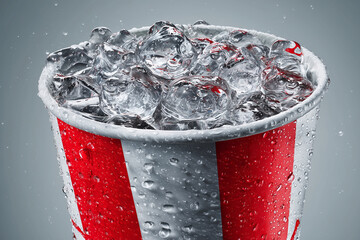 Close-Up of a Clear Carbonated Drink with Ice in a Red Cup