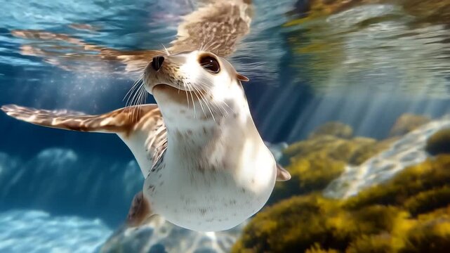 Cute marine seals swimming underwater in clear blue ocean, playful wildlife animation of fur seals in natural sea habitat