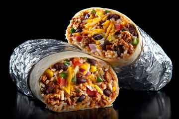 Sliced Burrito Wrapped in Foil with Two Halves Showing the Filling