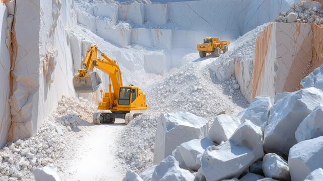 Excavator digging white marble from quarry wall. Dump truck transports raw material in large open-pit mining site. Panning camera movement.