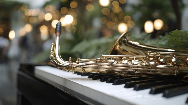 Festive Saxophone on Piano Keys with Bokeh Lights, Christmas Music Performance and Celebration