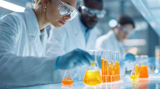 Diverse Scientific Research Team Working on Experiment with Colorful Liquid in Laboratory Beakers