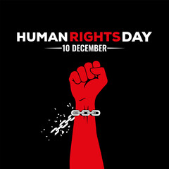 Powerful vector illustration for Human Rights Day on December 10, featuring a raised red fist breaking free from chains on a black background