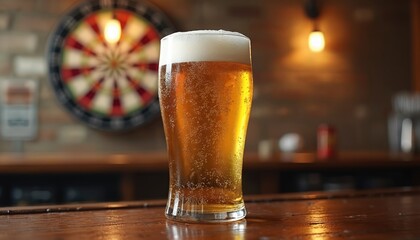 Tall glass of cold, bubbly beer with white foam sits on wooden bar counter. In background, dartboard and warm lights create cozy pub atmosphere. This scene suggests relaxation and good times.