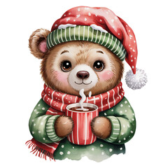 A cute bear is dressed in a festive green sweater and red scarf with a matching hat. It holds a steamy mug of hot chocolate, exuding warmth.