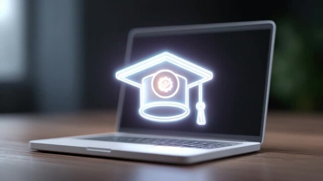 Modern Laptop with Graduation Cap Icon Representing Online Education and Academic Achievement 4k video footage