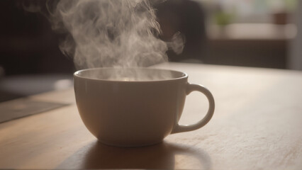 Steaming Coffee Cup on Wooden Table in Soft Morning Light