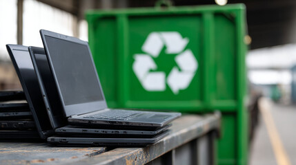A pile of old laptops are sitting on a metal surface with a recycling bin in the background