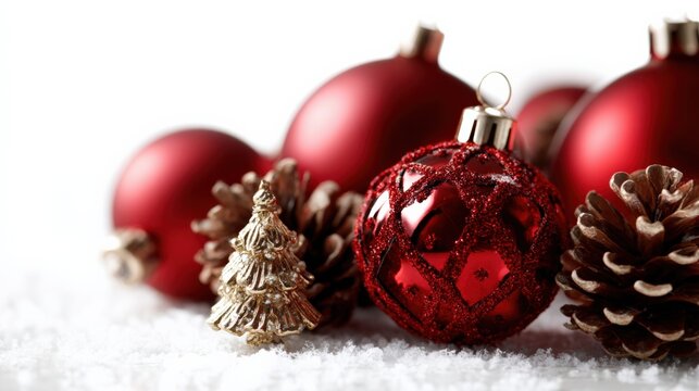 Festive Red Christmas Ornaments with Pinecones on Artificial Snow, Ideal for Holiday Season Greetings and Designs