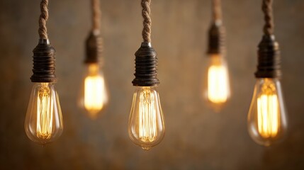 Edison Style Filament Bulbs Hanging from Twisted Cord, Vintage Decorative Lighting Design