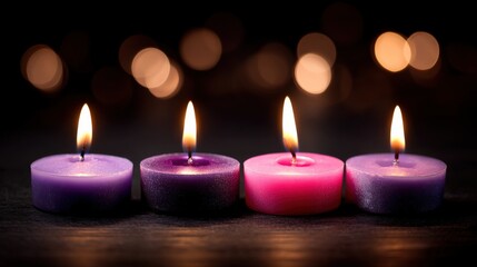 Fototapeta premium Four Candles Burning Brightly in the Darkness, Displaying Warmth and Serenity in a Beautiful Composition