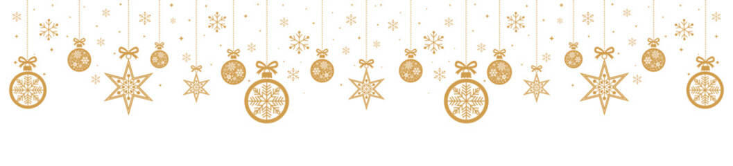 Elegant gold line art Christmas background with hanging baubles, stars, snowflakes and tiny sparkles on white, ideal for festive banners, greeting cards, invitations, web headers and seasonal holiday  © bibin