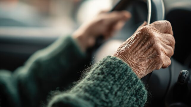 Senior woman driving a car, holding steering wheel with wrinkled hands, symbolizing aging and transportation challenges