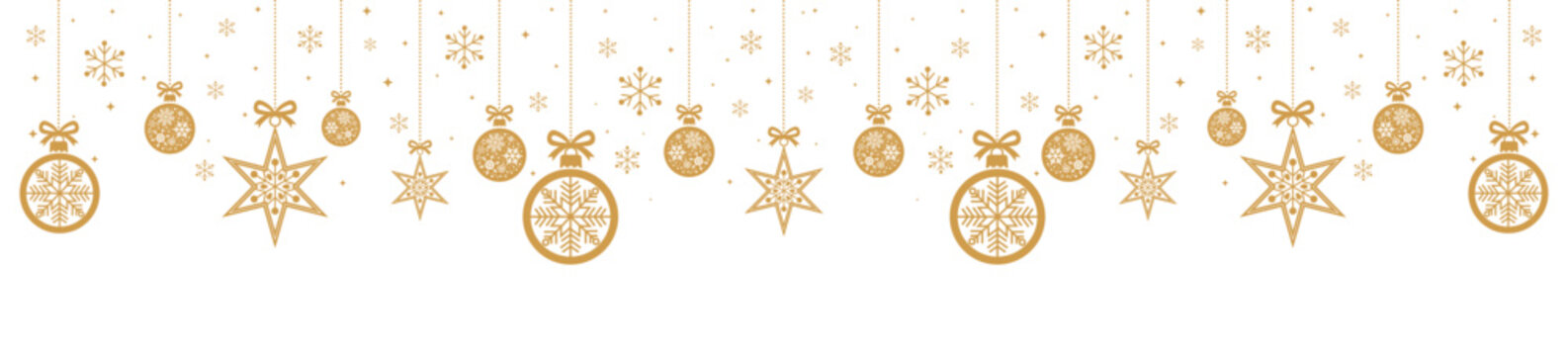 Elegant gold line art Christmas background with hanging baubles, stars, snowflakes and tiny sparkles on white, ideal for festive banners, greeting cards, invitations, web headers and seasonal holiday 