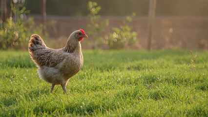 Chicken Standing in Sunlit Farmyard