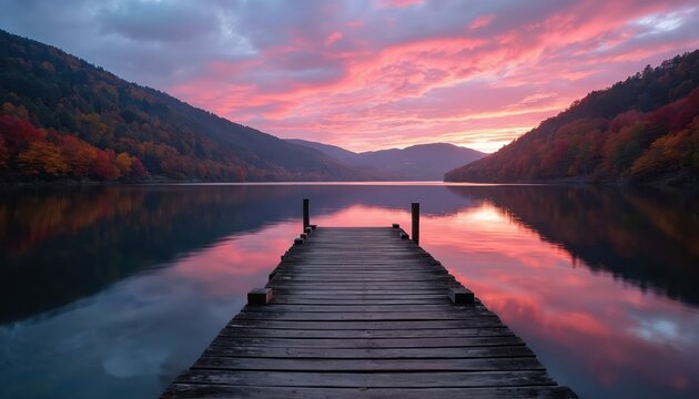 Wooden pier extends onto calm lake at dusk. Colorful autumn trees on hills reflect in still water. Sky glows with pink and orange hues. Serene natural scenery. - Powered by Adobe