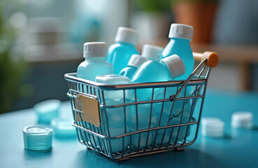 Miniature shopping cart filled with eye care products. Bottles with eye drops and lens cleaning solution inside. Ophthalmology and optometry equipment is ready for vision health