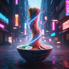 Neon Floating Pasta Bowl Cyberpunk Japanese Noodles with Egg and Meat in Marble Bowl Futuristic Neon Lights