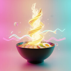 Cyberpunk Ramen Bowl Artistic Japanese Noodle Soup with Neon Futuristic Style Vibrant Culinary Concept