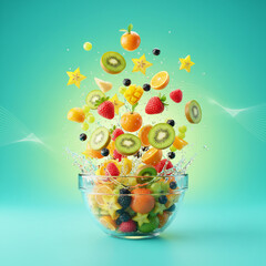 Fresh Fruit Salad Splash with Kiwi, Orange, Strawberry, Blueberry, and Starfruit in Glass Bowl Vibrant Healthy Dessert