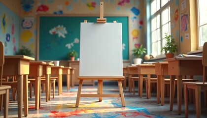 Empty canvas on easel in art classroom with desks and colorful paint splatters on floor. Sunlight streams through windows onto blank space, ready for creation.