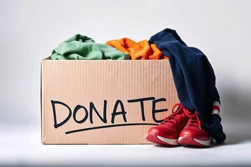 Cardboard box labeled 'Donate' filled with clothes and pair of red sneakers, promoting charity and giving in a minimalistic setting