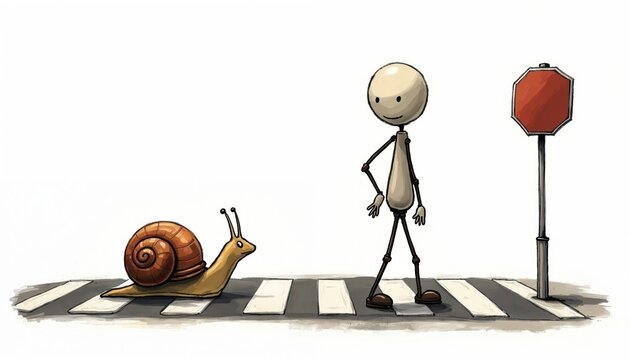 Stick figure character waits patiently at crosswalk for slow snail. Tiny mollusk slowly crosses road in front of person. Man must stop for at zebra crossing. Shows humor in daily commute, traffic