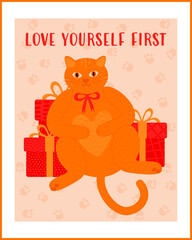 Cute greeting card featuring an orange cat sitting among gift boxes with the phrase 