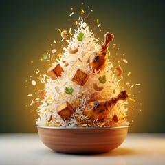 Vibrant Biryani Explosion Concept with Floating Ingredients – Creative Food Art