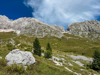 A large white boulder sits on a green slope near pine trees, rising towards the sheer limestone...
