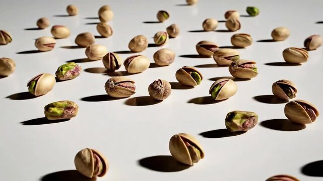 Falling dry fruits animation featuring roasted pistachios with hard shells bouncing on a white surface for keto diet concepts and healthy eating habits