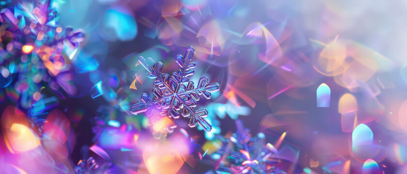Delicate snowflake with iridescent holographic glow on soft bokeh background. Bright pastel tones create dreamy winter atmosphere for luxury or festive design projects.