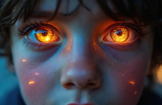 Close up photo of child face. Glowing golden eyes with bright city lights reflections. Portrait has strong emotional, futuristic, fantasy themes. Urban night background adds dramatic effect.