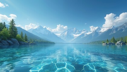 Clear turquoise water laps against rocky shore. Snowy mountain peaks rise above evergreen forest under bright blue sky with white clouds. Peaceful lake.