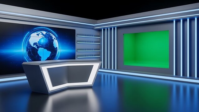 Modern News Studio Set with Green Screen and Globe virtual set broadcast television tv studio desk lighting blue white media production